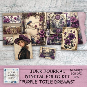 May include: A digital junk journal kit titled "Purple Toile Dreams" featuring vintage-style illustrations in shades of purple and cream. The kit includes various pages, cards, and decorative elements with floral and portrait designs. The kit is 14 pages and 300 DPI.