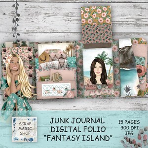 Kit de folio de diario basura de playa, carpeta cargada, imprimibles de vacaciones, folio plegable, descarga instantánea, tríptico, isla, kit digital, libro de recortes.