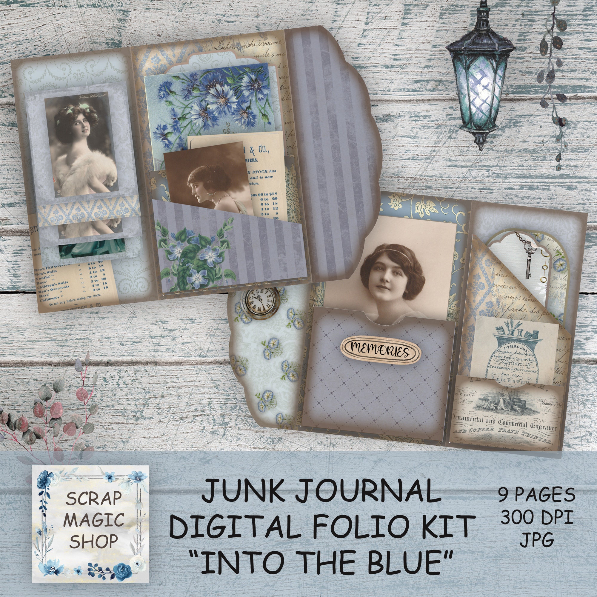 Junk Journal Folio Kit, Vintage Loaded Folder, Printables, Blue Collage ...