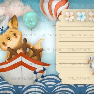 Puede incluir: Un lindo zorro de dibujos animados con un sombrero de marinero y un volante, navegando en un barco de rayas rojas y blancas sobre olas azules. Un globo aerost&aacute;tico y una gaviota est&aacute;n en el fondo. Hay una tarjeta de notas en blanco con l&iacute;neas para escribir.