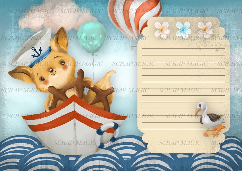 Puede incluir: Un lindo zorro de dibujos animados con un sombrero de marinero y un volante, navegando en un barco de rayas rojas y blancas sobre olas azules. Un globo aerost&aacute;tico y una gaviota est&aacute;n en el fondo. Hay una tarjeta de notas en blanco con l&iacute;neas para escribir.