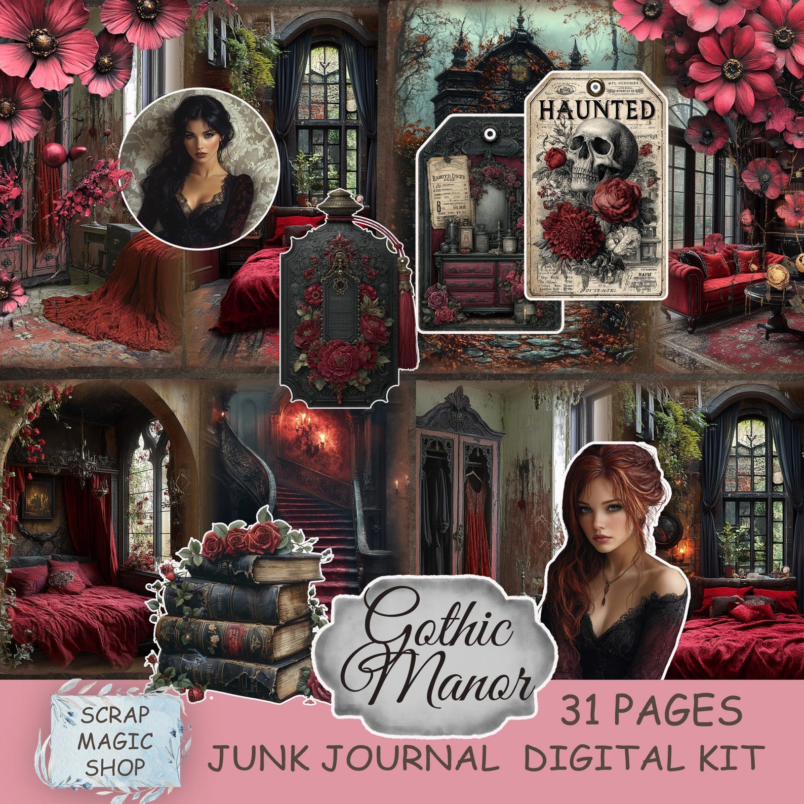 Gothic Manor Junk Journal, Digital Kit, Burgundi Dark Pages, Instant ...