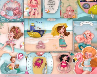 Beach Junk Journal Digital Kit, Printable Collage Sheets, instant Download, Child, Sea, Kid, Seaside, Vacation, Summer, Whimsical, Coast.