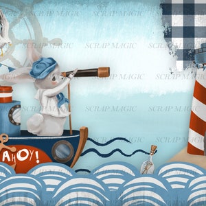 Puede incluir: Un conejo blanco con un sombrero de marinero azul y un telescopio est&aacute; en un barco azul y rojo con la palabra "Ahoy!" en el lateral. El barco navega sobre olas azules y blancas. Un faro con rayas rojas y blancas est&aacute; en el fondo.