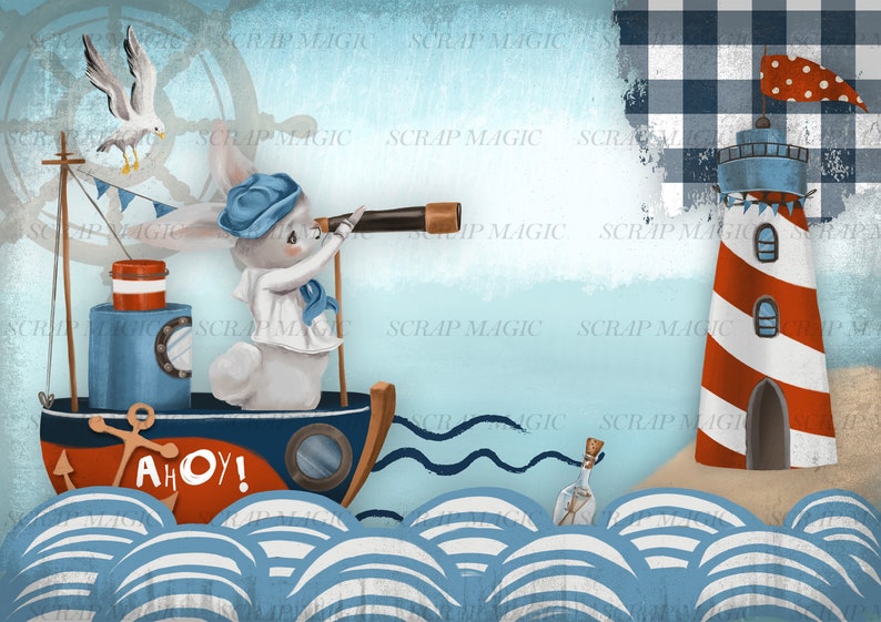 Puede incluir: Un conejo blanco con un sombrero de marinero azul y un telescopio est&aacute; en un barco azul y rojo con la palabra "Ahoy!" en el lateral. El barco navega sobre olas azules y blancas. Un faro con rayas rojas y blancas est&aacute; en el fondo.
