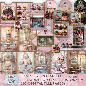 Vintage desserts-junkjournaal, digitale kit, collagevellen, direct downloaden, kortstondige, bakken, benodigdheden, printables, pagina's Taarten en Taarten.