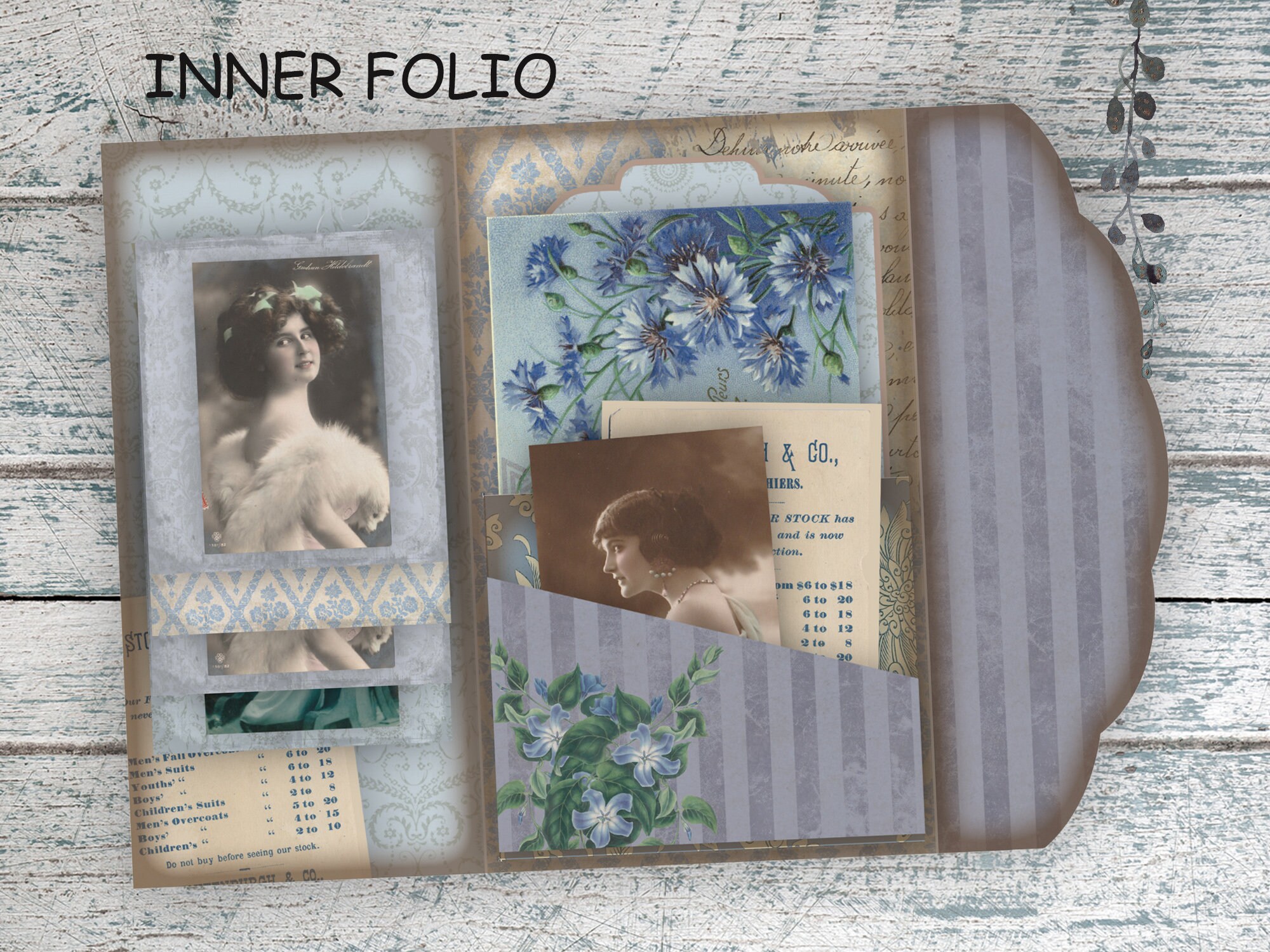 Junk Journal Folio Kit, Vintage Loaded Folder, Printables, Blue Collage ...