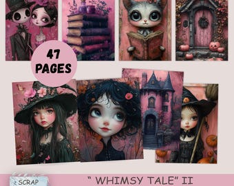 Rosa Halloween-skräpjournal, nyckfullt digitalt kit, gotiska häxsidor, direkt nedladdning, utskrivbara srapböcker, collageark, söta papper
