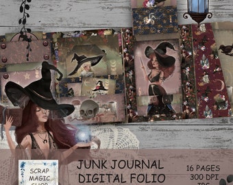 Witch Junk Journal Folio Kit, Loaded Folder, Halloween Printables, Folding Folio, Digital Download, Gothic Trifold, Scrap Book, Handmade.