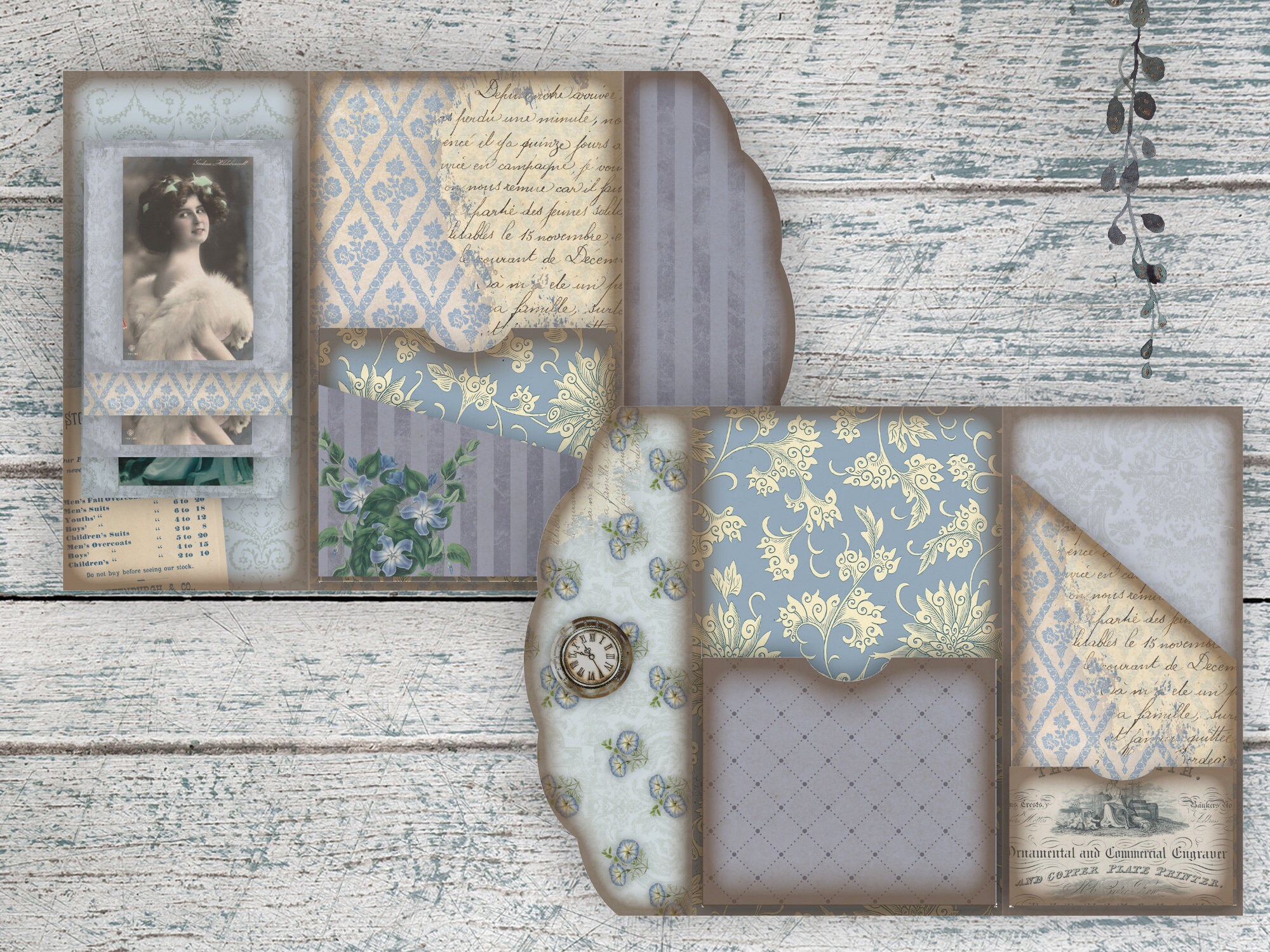 Junk Journal Folio Kit, Vintage Loaded Folder, Printables, Blue Collage ...