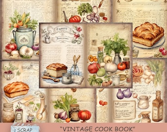 May include: A digital junk journal kit with 10 double pages featuring vintage illustrations of food, vegetables, and kitchen items. The pages are decorated with handwritten text and recipes. The title "Vintage Cook Book" is displayed on the front cover.