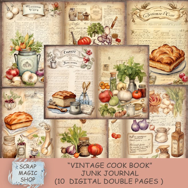 Cooking Junk Journal, digital kit, instant download, printable collage sheets, junkjournals, journal supplies, Cook Book, recipe, Kitchen.