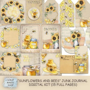 Sunflowers and Bees Junk journal, Digital Kit, Printable Collage Sheets, Honey Journal Pages, Yellow Papers, Watercolor, Instant Download.