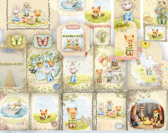 Söta djur Skräppostjournal, digitalt kit, Beatrix Potter-stil, direktnedladdning, utskrivbara srapböcker, collageark, material, efemera.