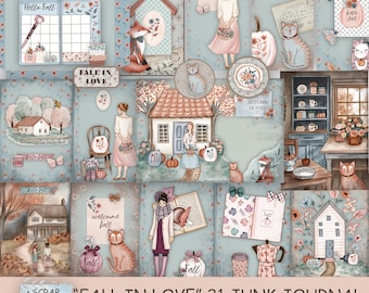 Op de afbeelding: Een digitale scrapbookkit met 21 pagina's met illustraties van huizen, dieren en herfstthema's. De pagina's zijn ontworpen in een vintage stijl met een blauw-wit kleurenschema. De tekst "Fall in Love" staat op de omslag.