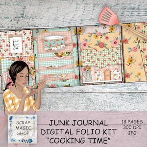 Cooking Junk Journal Folio Kit, geladen map, keukenprintables, recept, opvouwbaar folio, direct downloaden, driebladig, handgemaakt, kookboek.