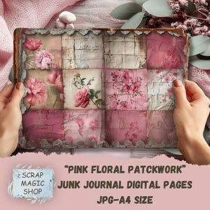 Rosa Floral Patchwork, Junk Journal Kit, digitaler Download, Collage Sheets, Vintage Printables, Bastelbedarf Seiten, Scrapbook Papier.