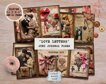 Vintage Love Letters Junk Journal, Digital Kit, Collage Sheets, Instant Download, Valentine Ephemera, Supplies, Printables, Romance Pages.