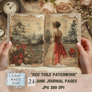 Rode toile de jouy-patchwork, junkjournaalkit, digitale download, collagevellen, vintage printables, pagina's ambachtelijke benodigdheden, plakboekpapier.