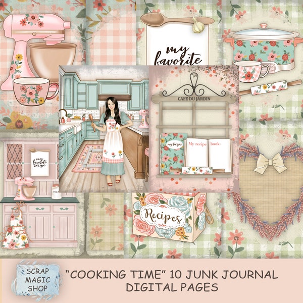 Cooking Junk JOurnal Digital Kit, Printable Collage Sheets, Instant download, Kitchen JunkJournal, Cook Book Journal, Recipe Journal pages.