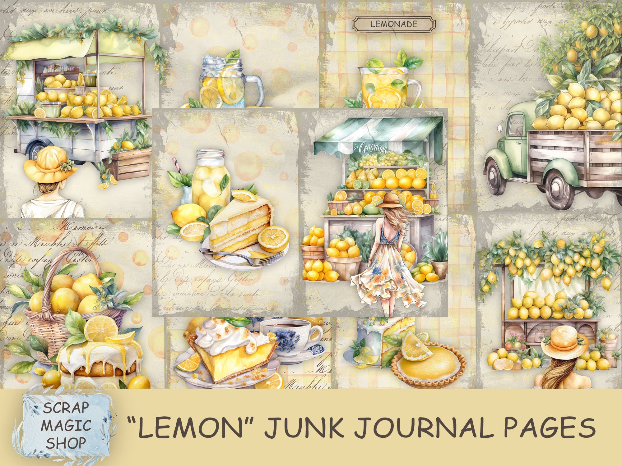 Lemon Junk Journal, Printable Collage Sheets, Yellow, Watercolor ...