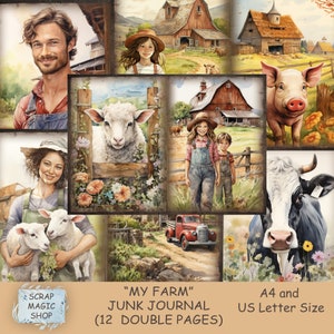 Puede incluir: Un conjunto de 12 páginas de álbum de recortes de doble cara con una ilustración de acuarela de una escena de granja con un granero rojo, una vaca, un cerdo, ovejas y un camión vintage. Las páginas se titulan "My Farm" Junk Journal y están disponibles en tamaños A4 y US Letter.