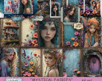 May include: A digital junk journal kit featuring 28 double-sided pages with illustrations of fairies, flowers, and whimsical houses. The pages are designed for use in scrapbooking, card making, and other paper crafts. The kit includes A4 and US Letter size pages.