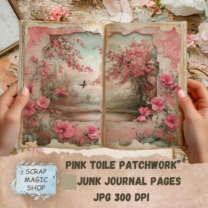 Patchwork Toile de Jouy rosa, kit de diario basura, descarga digital, hojas de collage, imprimibles vintage, páginas de suministros para manualidades, papel para álbumes de recortes.