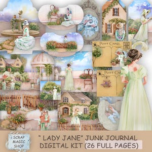 Jane Austen Junk journal Digital Kit, Victorian Lady, Journal Pages, Cottage, Landscapes, Garden, Printable Collage Sheets, Instant Download