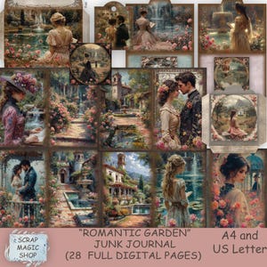 Romantic Garden Junk Journal, kit digital, Descarga instantánea, Hojas de collage imprimibles, Páginas efímeras, Suministros vintage, álbum de recortes victoriano