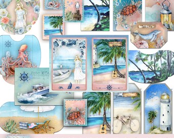 Diario Beach Junk, Complemento, Efímera, Materiales para diario, Verano, Vacaciones, Mar, Faro, Hojas de collage imprimibles, Descarga instantánea