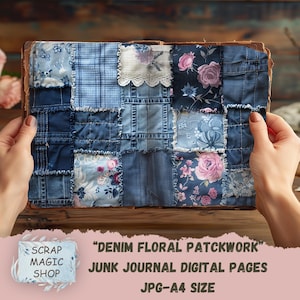 Denim Floral Patchwork, lace Junk Journal Kit, Digital Download, Collage Sheets, Vintage Printables, Craft supplies pages, Scrapbook paper.