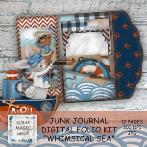 Junk Journal Folio Kit, Loaded Folder, Digitaal, Printables met dieren, Direct downloaden, In drieën gevouwen, plakboek, Opvouwbaar folio, Strand, Nautisch.