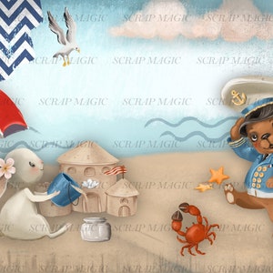 Puede incluir: Una ilustraci&oacute;n de dibujos animados de un oso marr&oacute;n que lleva un traje de marinero azul con un sombrero blanco y un ancla en &eacute;l. El oso est&aacute; de pie en una playa con un cangrejo rojo, un castillo de arena, un conejo blanco que sostiene un cubo azul y una sombrilla a rayas rojas y blancas.