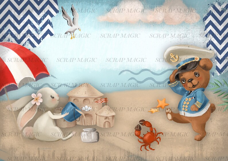 Puede incluir: Una ilustraci&oacute;n de dibujos animados de un oso marr&oacute;n que lleva un traje de marinero azul con un sombrero blanco y un ancla en &eacute;l. El oso est&aacute; de pie en una playa con un cangrejo rojo, un castillo de arena, un conejo blanco que sostiene un cubo azul y una sombrilla a rayas rojas y blancas.