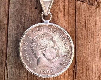Antique Portuguese Coin, Coin Pendant, Coin jewelry, Silver Coin Statement jewelry, Rare Coin Necklace, Unisex Coin Pendant