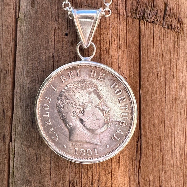 Antique Portuguese Coin, Coin Pendant, Coin jewelry, Silver Coin Statement jewelry, Rare Coin Necklace, Unisex Coin Pendant