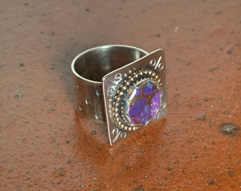 Purple Mojave Turquoise Wide Ring in Sterling with gold trim Sz 8 1/2