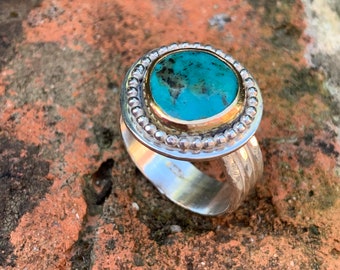 Turquoise ring, gold bezel, Sterling Silver, wide band, Gift for Her, Size 8