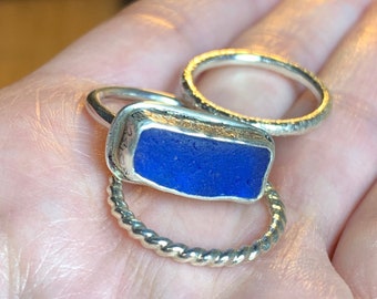 Cobalt Blue Sea Glass, Sea Glass Ring, Summer Jewelry, Stacker Ring, Sterling Silver, Upcycled Jewelry, Portuguese Sea Glass, Size 6.75-6.5