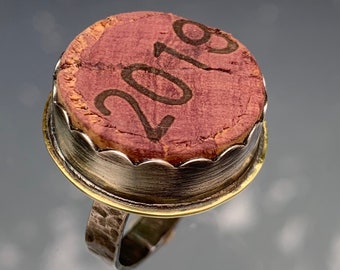Wine Cork Ring, Fun Jewelry, Sterling Silver, Brass, Mixed metal, Unique Ring, Wine Tasting Ring, Size 7.75