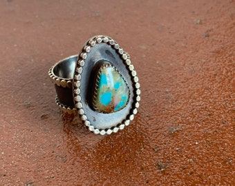 Royston Turquoise Ring, Shadow Box, Wide Band Ring, Handmade, Sterling Silver, Size 8.25-8.5