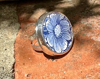 Portuguese Tile Ring, Summer Jewelry, Sterling Silver, Size 7.5, Gift for Her, Blue and White Tile, Recycled Tile, Flower Power