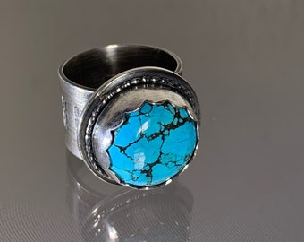 Tibetan Turquoise Ring Sterling Silver Fine Silver Wide Band Unisex Sz 8.25/8.5