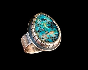 Hubei Turquoise Ring, Sterling Silver Ring, Handmade Ring, Castellated bezel, Unisex Turquoise Ring, Special Gift, Size 9.75-9.5