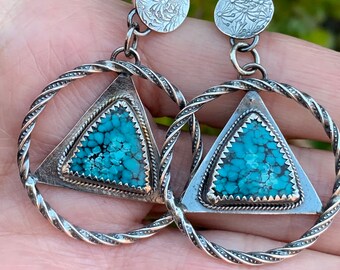 Turquoise Dangle Earrings, Triangle Earrings, Sterling Silver, Post back Earrings, Gift for Her, Handmade with Love, Special Gift