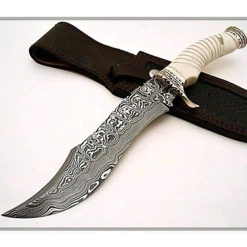 custom handmade DAMASCUS STEEL BOWIE knife with leather sheath