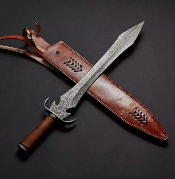 Custom Hand Forged Damascus steel Hunting Sword with Sculptured Rose Wood Handl. 
