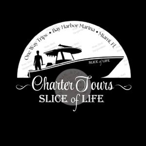 Puede incluir: Gráfico en blanco y negro de un barco con una persona en la cubierta. Las palabras "Charter Tours" y "Slice of Life" se muestran en escritura blanca. El fondo incluye el texto "One Way Trips" y "Bay Harbor Marina, Miami, FL."