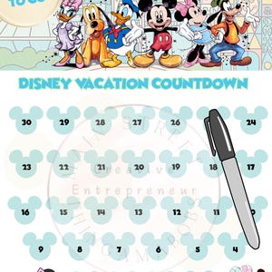 Könnte beinhalten: Ein Disney-Urlaub-Countdown-Kalender mit Micky Maus und seinen Freunden. Der Kalender hat einen blau-weißen Hintergrund mit Mickey Mouse-Ohrenformen für jeden Tag. Der Text "30 DAYS TO GO" steht oben. Ein schwarzer Marker ist enthalten.